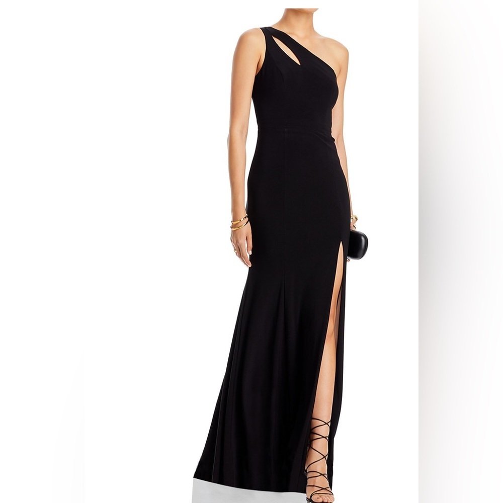 Nwt Bloomingdale’s One Shoulder Black Gown, Pink Color Pop Around Leg Slit